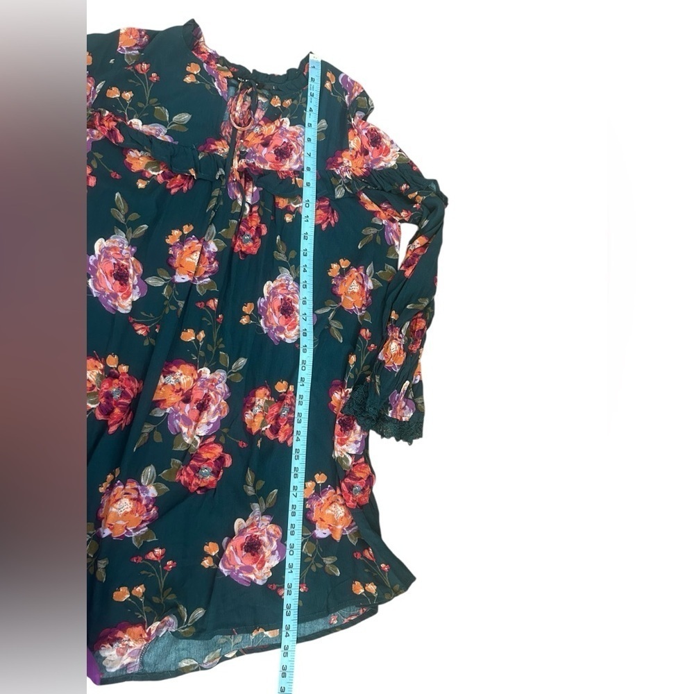 Blu Pepper Green Floral Ruffled Dress Lace Trim Bell Sleeves Womens Sz Large - Picture 14 of 14